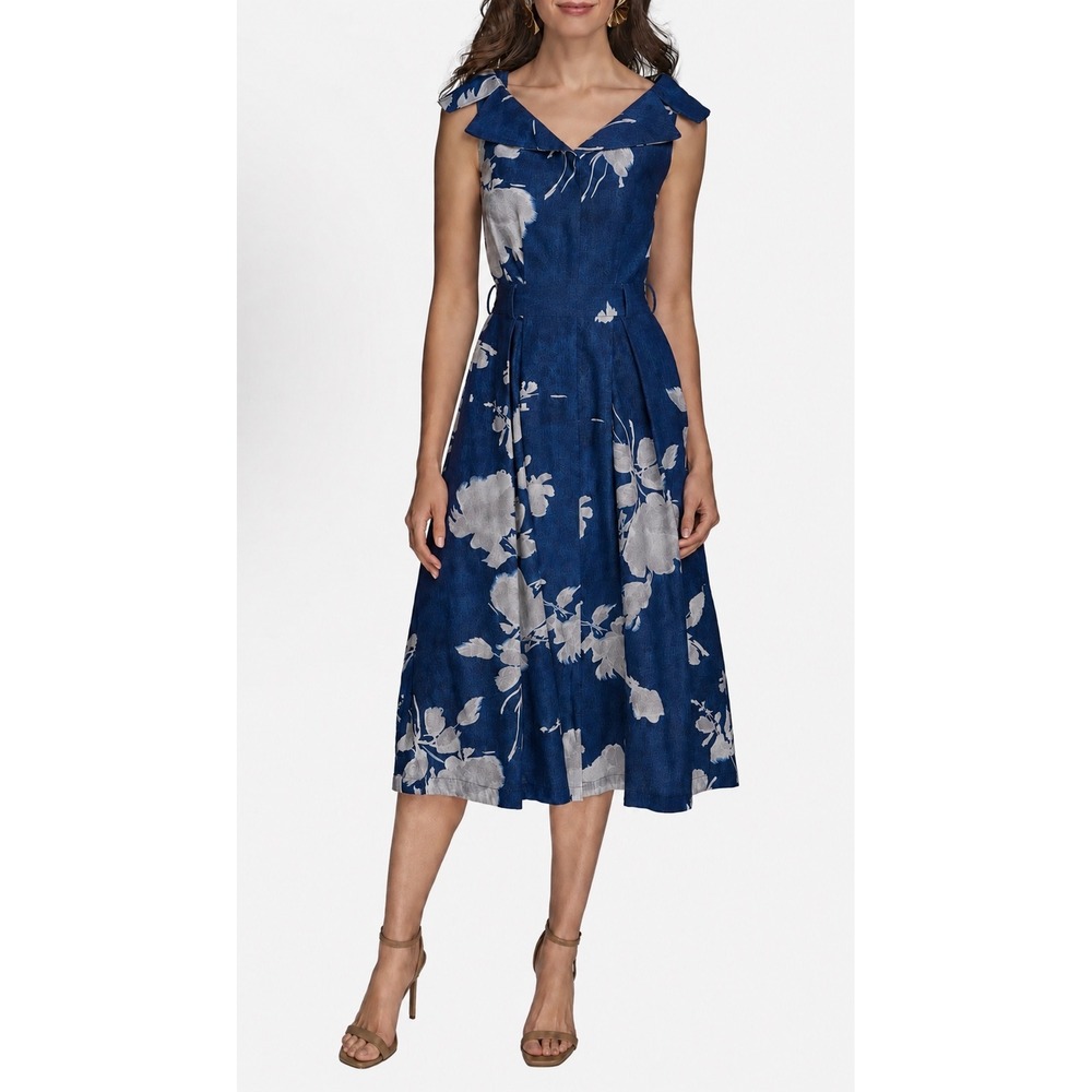 Donna Karan Floral Portrait Collar Linen Blend Midi Dress Womens 10 Blue White